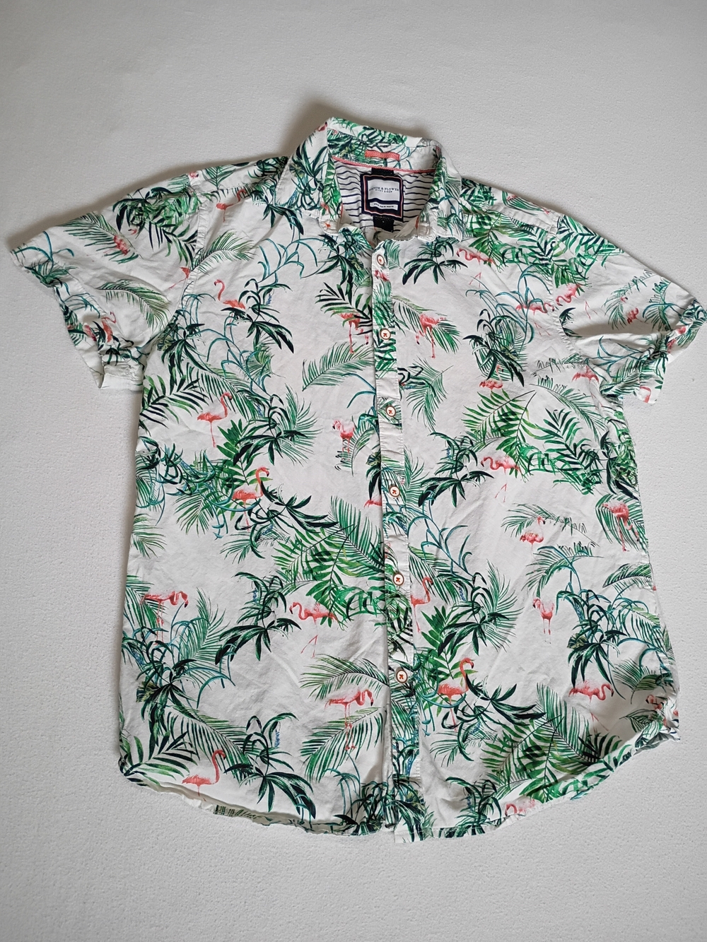 Denim & Flower Ricky Singh Tropical Flamingo Button Down Shirt Short Sleeve Mens